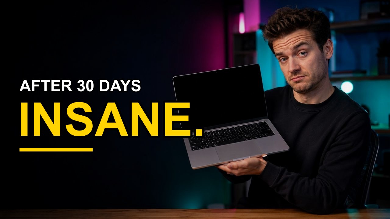 The published thumbnail from the demo dataset: a laptop lit in purple and blue, captioned AFTER 30 DAYS in white and INSANE. in yellow.